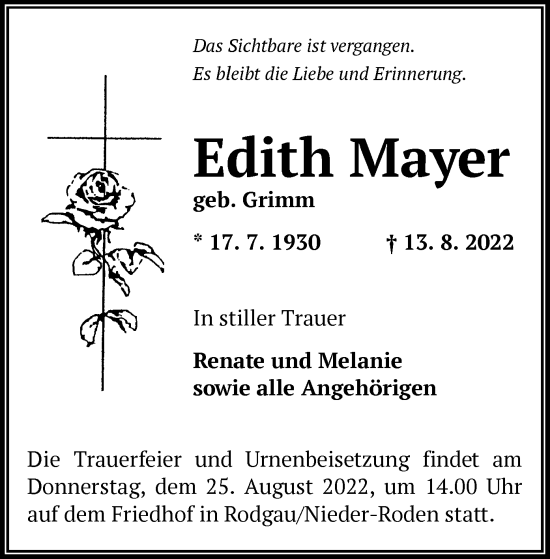 Traueranzeige von Edith Mayer von OF