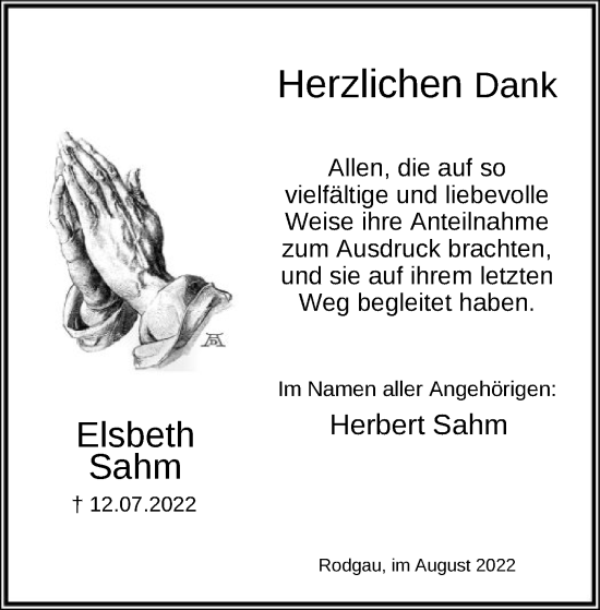 Traueranzeige von Elsbeth Sahm von OF