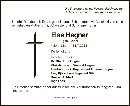 Traueranzeige von Else Hagner von OF