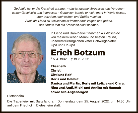 Traueranzeige von Erich Botzum von OF