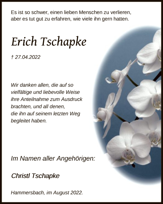 Traueranzeige von Erich Tschapke von OF