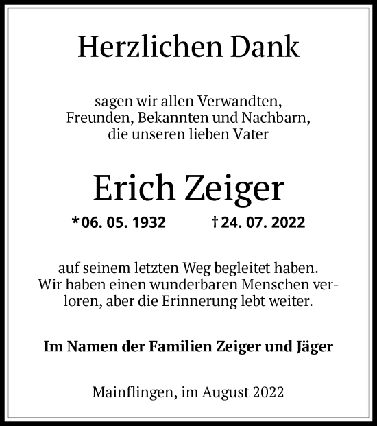 Traueranzeige von Erich Zeiger von OF