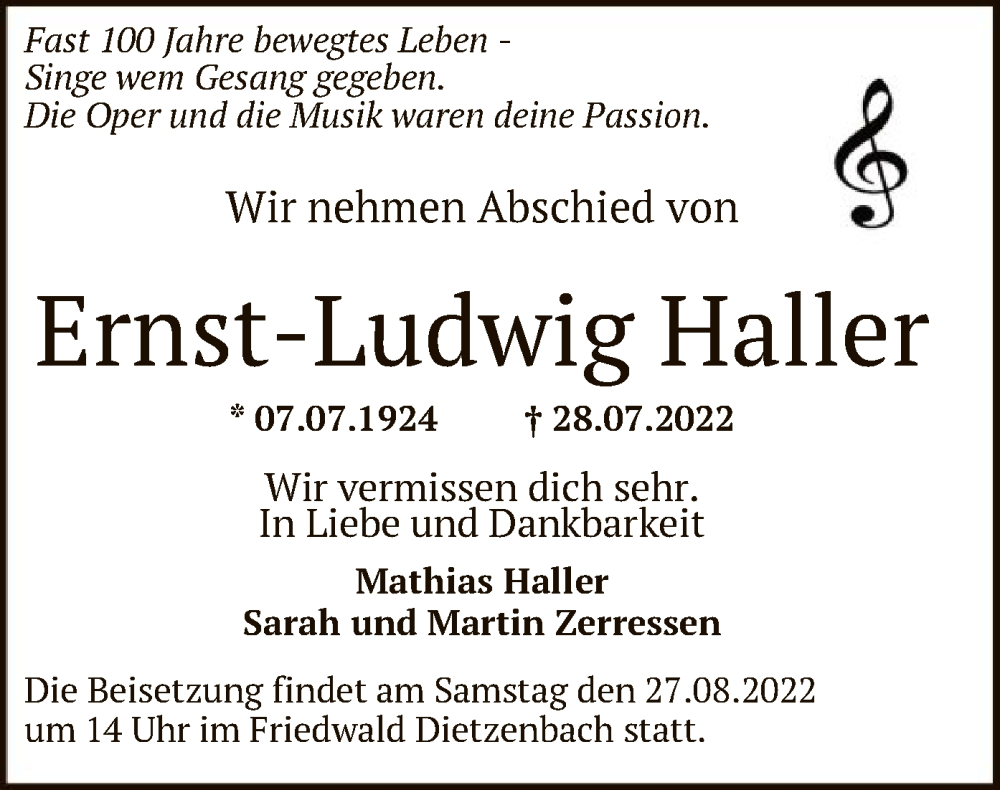  Traueranzeige für Ernst-Ludwig Haller vom 06.08.2022 aus OF