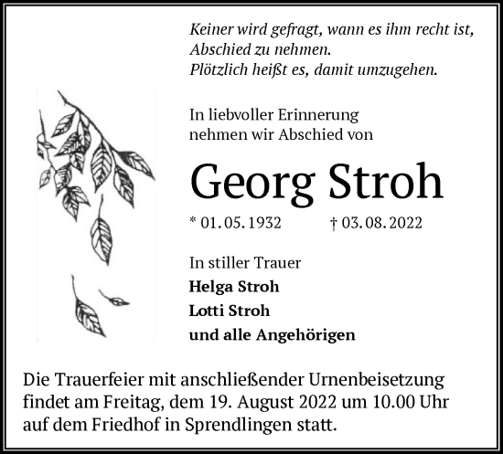 Traueranzeige von Georg Stroh von OF