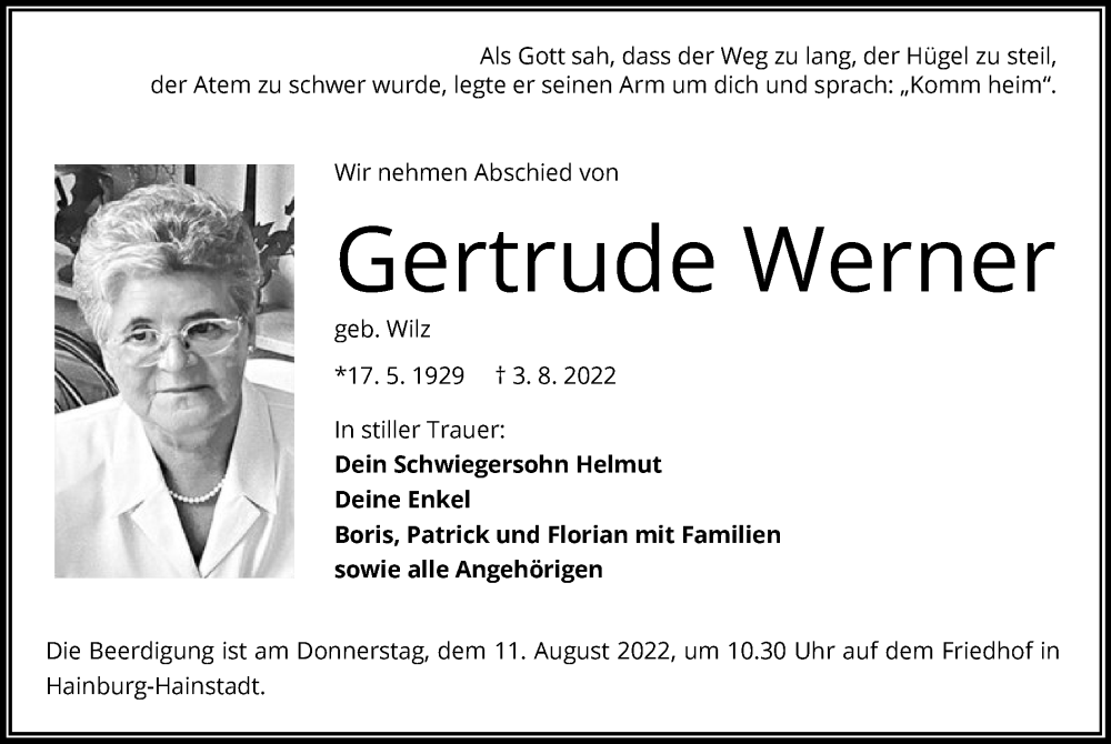  Traueranzeige für Gertrude Werner vom 06.08.2022 aus OF