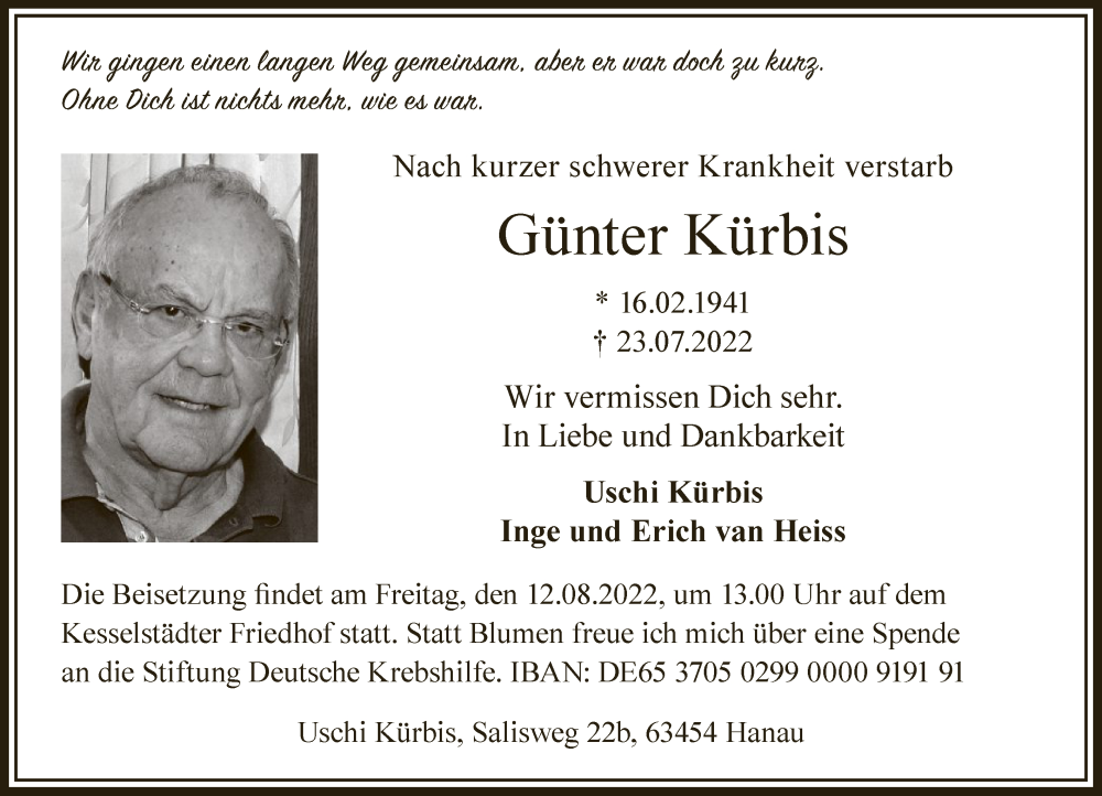  Traueranzeige für Günter Kürbis vom 06.08.2022 aus OF