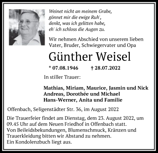 Traueranzeige von Günther Weisel von OF