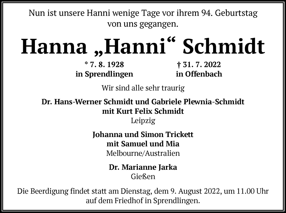  Traueranzeige für Hanna Schmidt vom 04.08.2022 aus OF