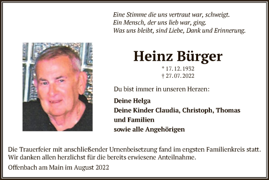 Traueranzeige von Heinz Bürger von OF