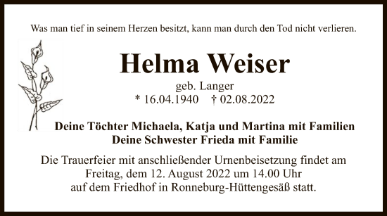 Traueranzeige von Helma Weiser von OF