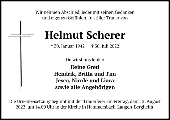 Traueranzeige von Helmut Scherer von OF