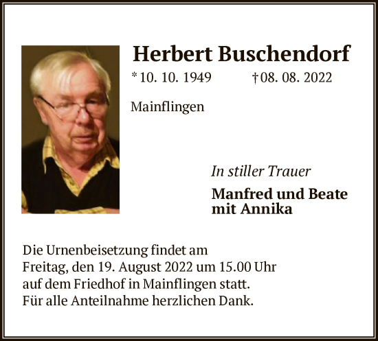 Traueranzeige von Herbert Buschendorf von OF