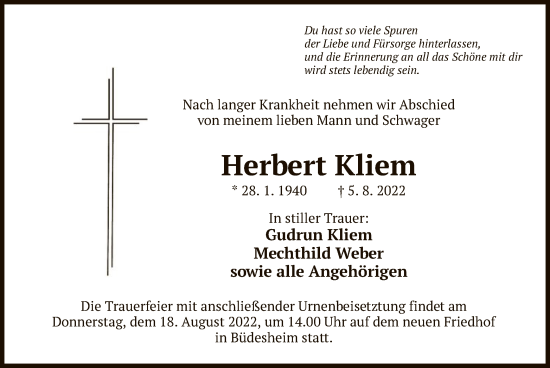 Traueranzeige von Herbert Kliem von OF