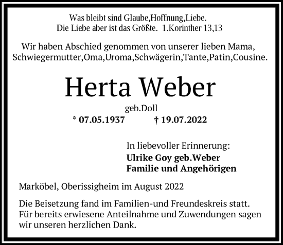 Traueranzeige von Herta Weber von OF