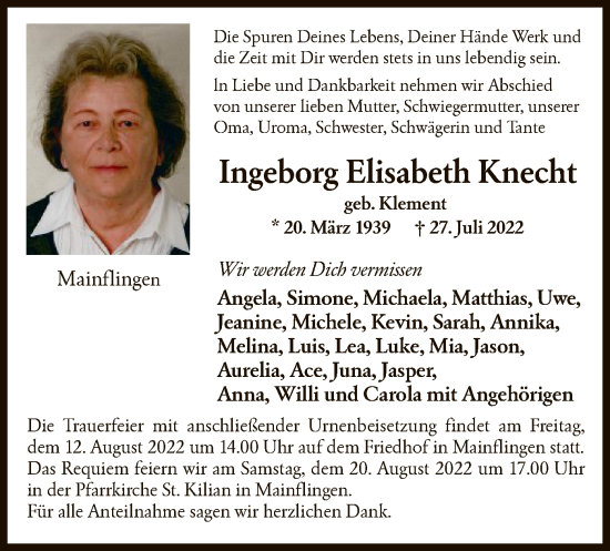 Traueranzeige von Ingeborg Elisabeth Knecht von OF