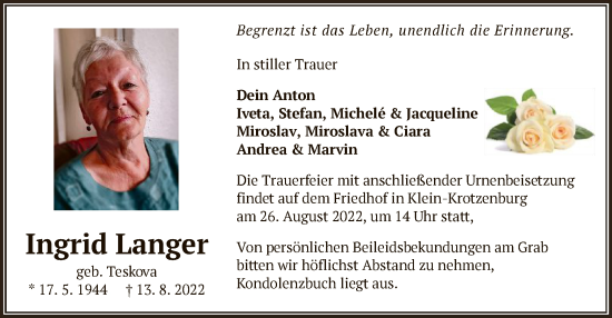 Traueranzeige von Ingrid Langer von OF