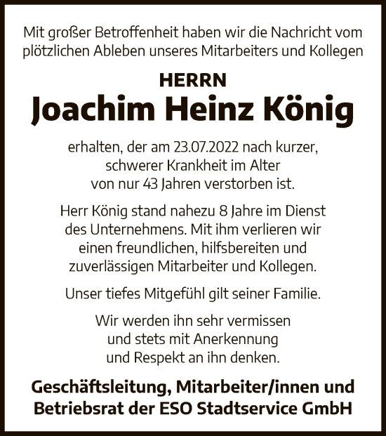 Traueranzeige von Joachim Heinz König von OF