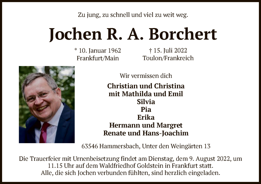  Traueranzeige für Jochen  Borchert vom 06.08.2022 aus OF