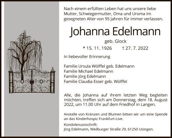 Traueranzeige von Johanna Edelmann von OF