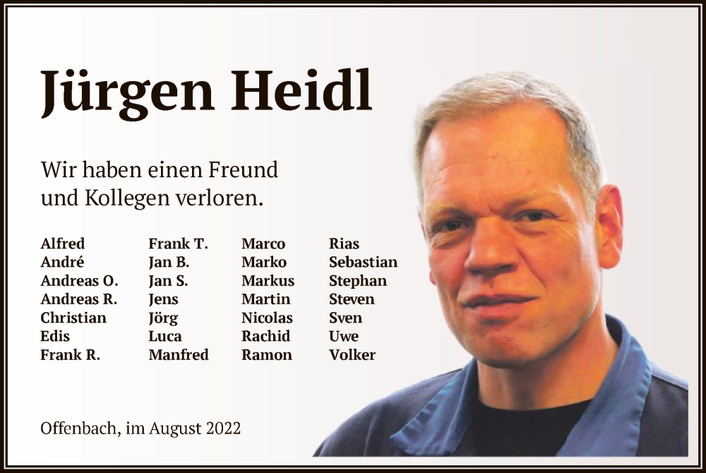  Traueranzeige für Jürgen Heidl vom 10.08.2022 aus OF