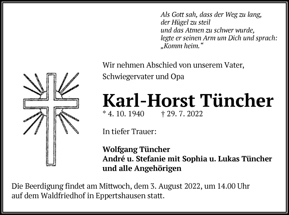  Traueranzeige für Karl-Horst Tüncher vom 02.08.2022 aus OF