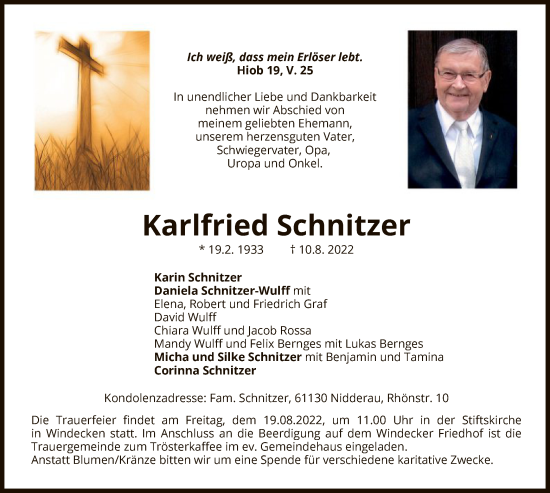 Traueranzeige von Karlfried Schnitzer von OF