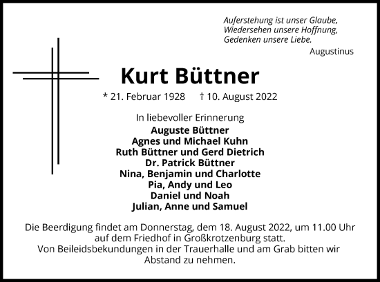 Traueranzeige von Kurt Büttner von OF