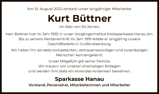 Traueranzeige von Kurt Büttner von OF