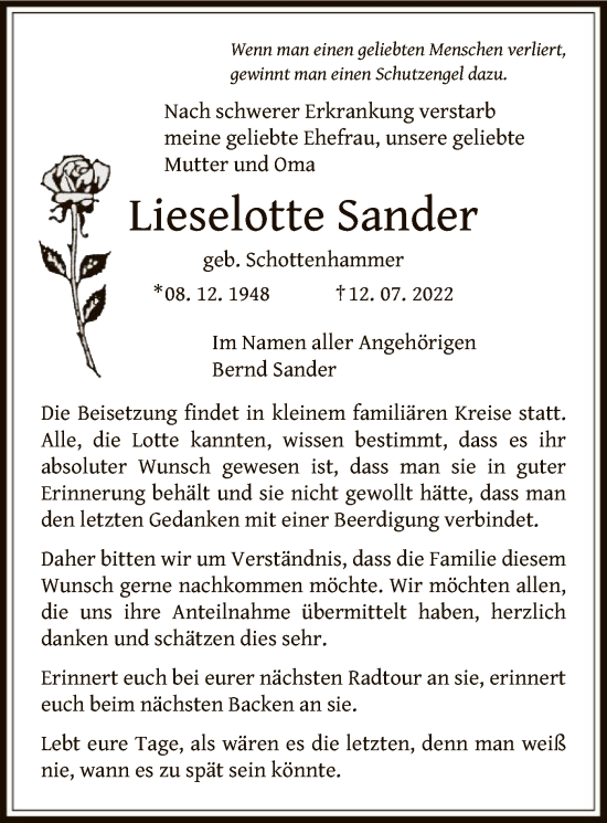 Traueranzeige von Lieselotte Sander von OF