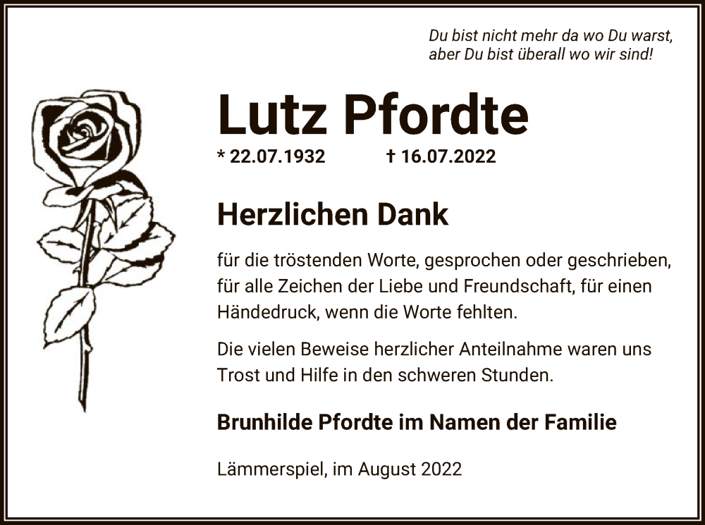  Traueranzeige für Lutz Pfordte vom 24.08.2022 aus OF