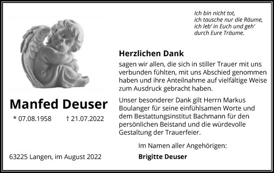 Traueranzeige von Manfed Deuser von OF