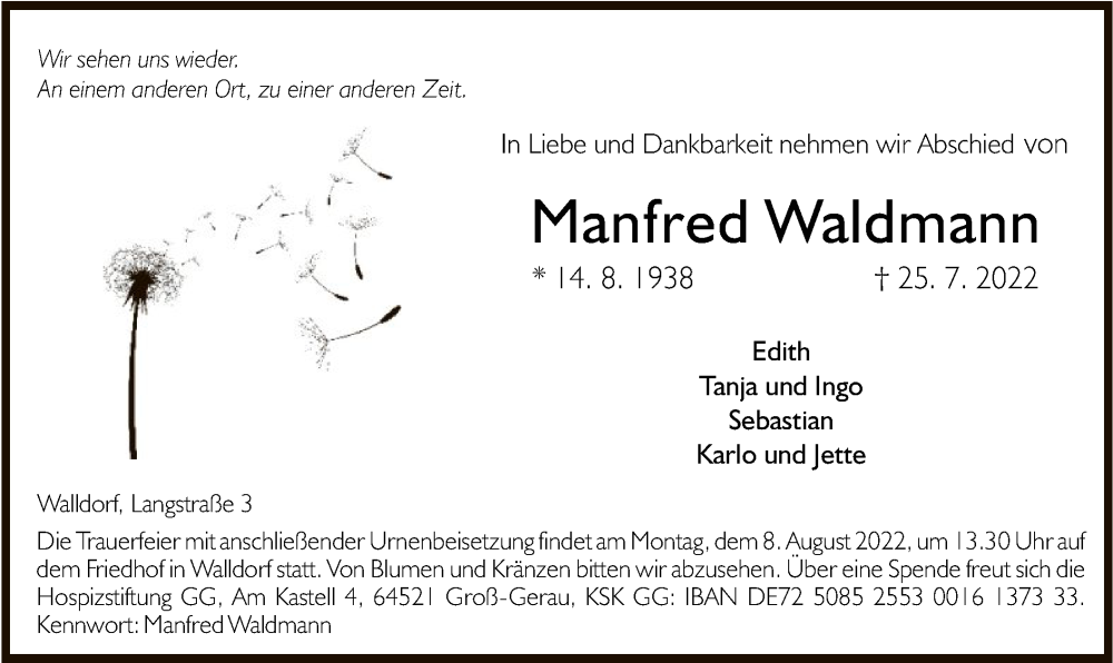  Traueranzeige für Manfred Waldmann vom 04.08.2022 aus OF