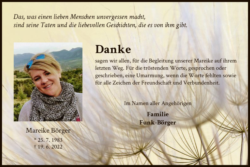  Traueranzeige für Mareike Börger vom 13.08.2022 aus OF