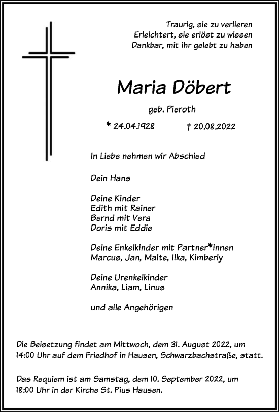 Traueranzeige von Maria Döbert von OF