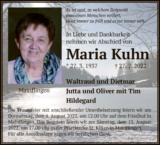 Traueranzeige von Maria Kuhn von OF