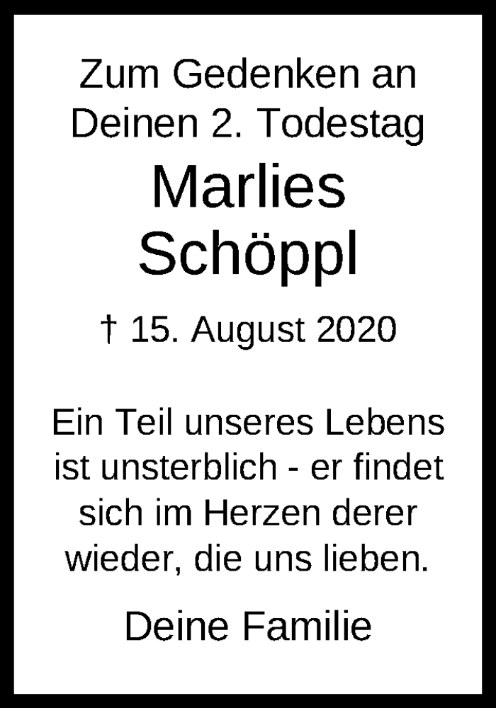  Traueranzeige für Marlies Schöppl vom 13.08.2022 aus OF