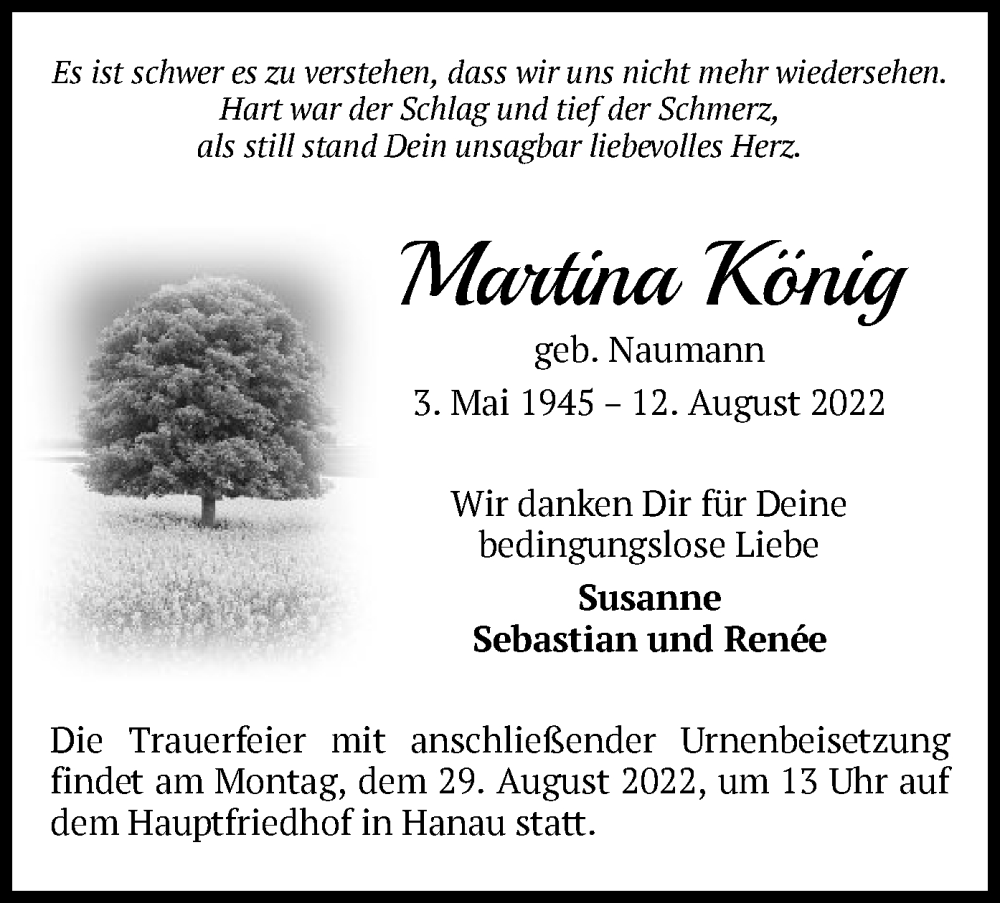  Traueranzeige für Martina König vom 27.08.2022 aus OF