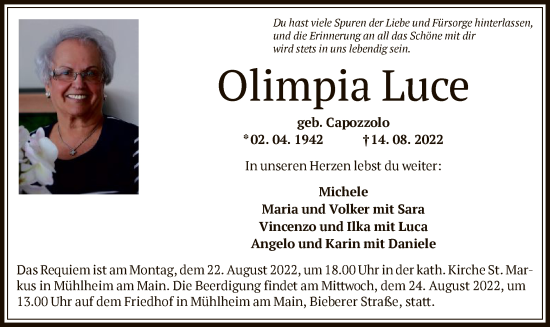 Traueranzeige von Olimpia Luce von OF