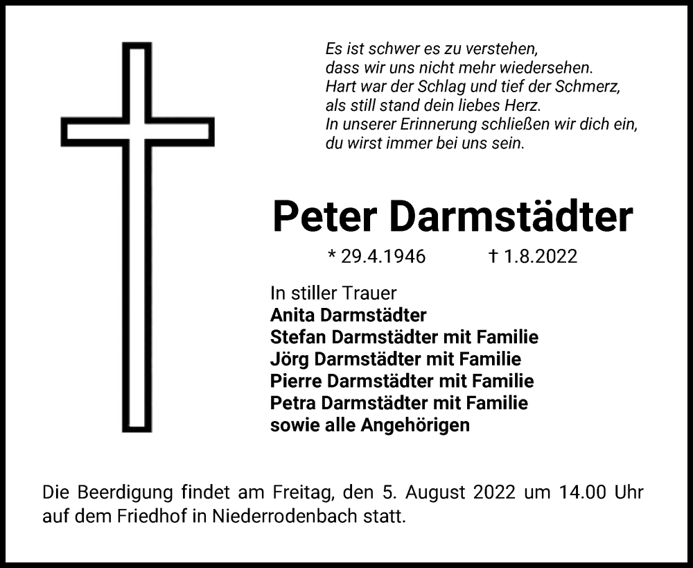  Traueranzeige für Peter Darmstädter vom 03.08.2022 aus OF