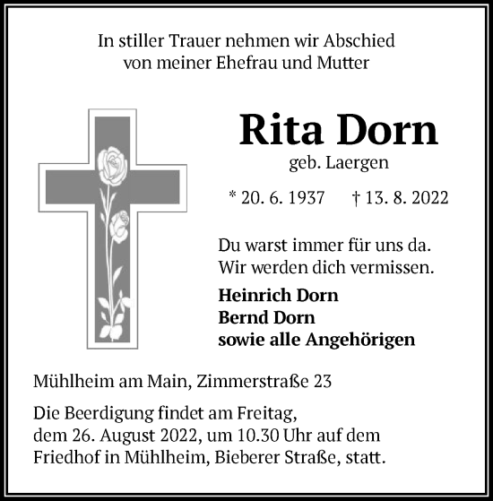 Traueranzeige von Rita Dorn von OF