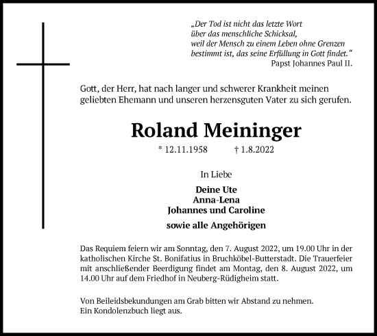 Traueranzeige von Roland Meininger von OF