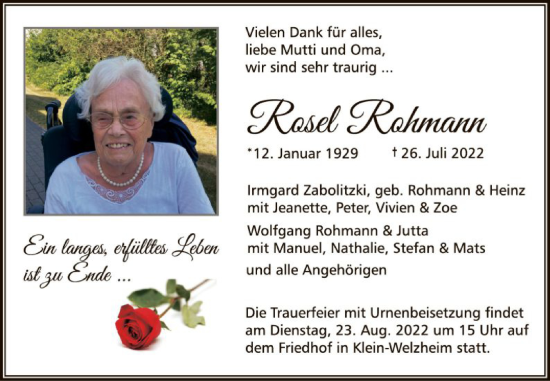 Traueranzeige von Rosel Rohmann von OF