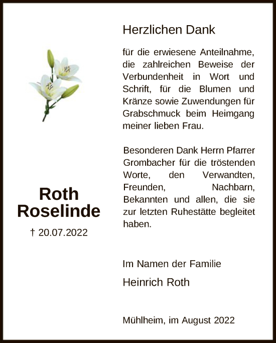 Traueranzeige von Roth Roselinde von OF