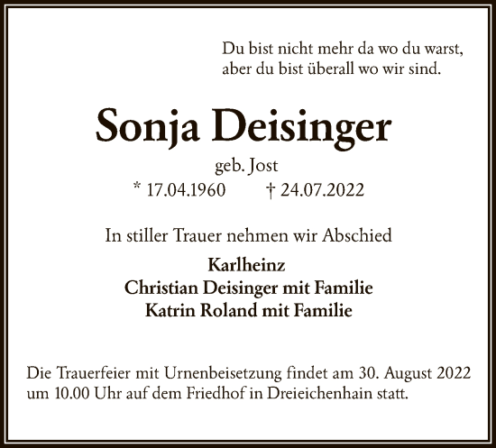 Traueranzeige von Sonja Deisinger von OF