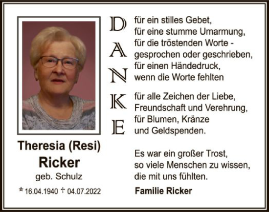 Traueranzeige von Theresia Ricker von OF