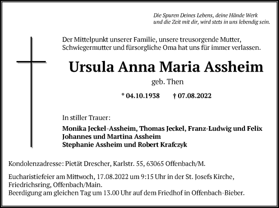 Traueranzeige von Ursula Anna Maria Assheim von OF
