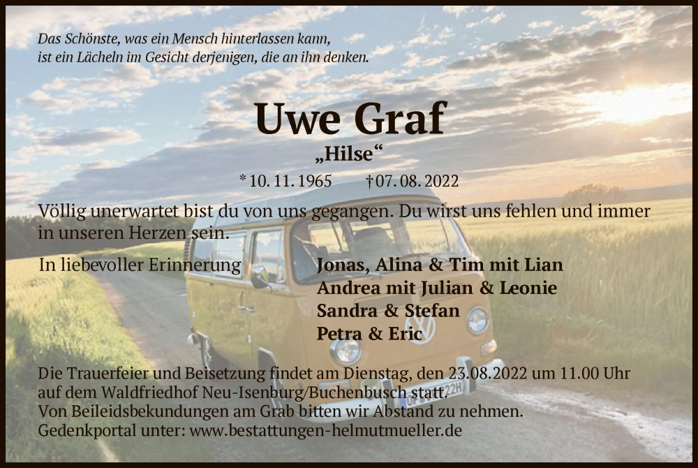  Traueranzeige für Uwe Graf vom 18.08.2022 aus OF