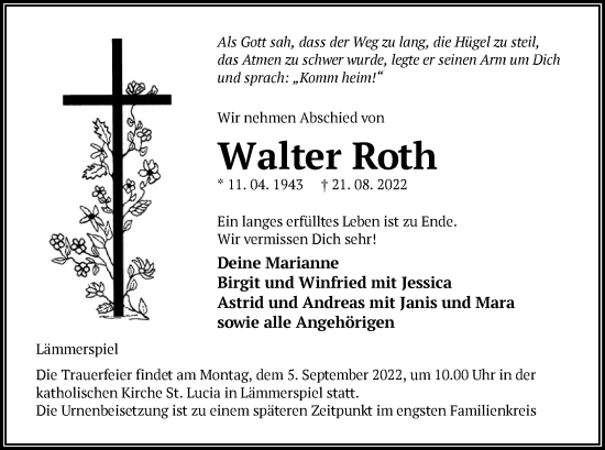 Traueranzeige von Walter Roth von OF