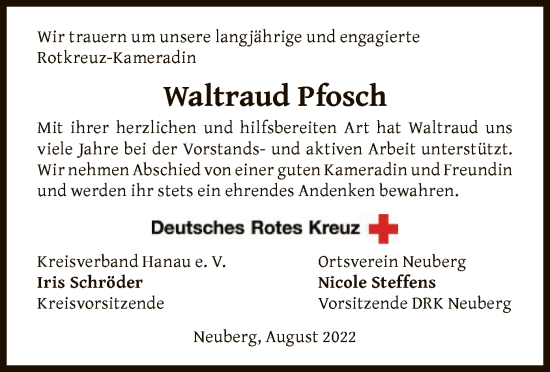 Traueranzeige von Waltraud Pfosch von OF