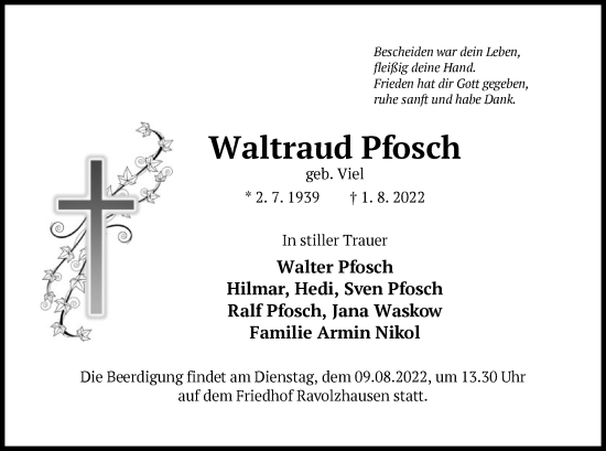 Traueranzeige von Waltraud Pfosch von OF